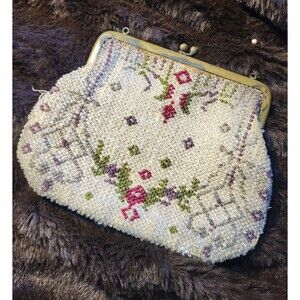 Antique Victorian Vintage Glass Seed Hand Beaded Small Purse Art Deco Nouveau